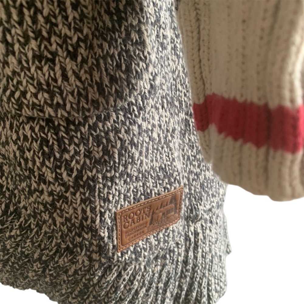 Roots Cabin Sweater Coat 3/4 Length Shawl Salt Pepper Knit Taupe, Red Cuff XS - Picture 7 of 12